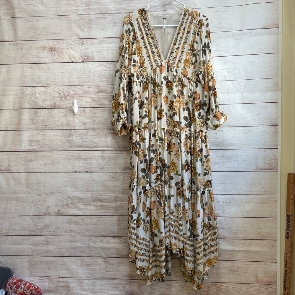 FREE PEOPLE ROWS OF ROSES MAXI DRESS IN CREAM AND TAN - Picture 3 of 11